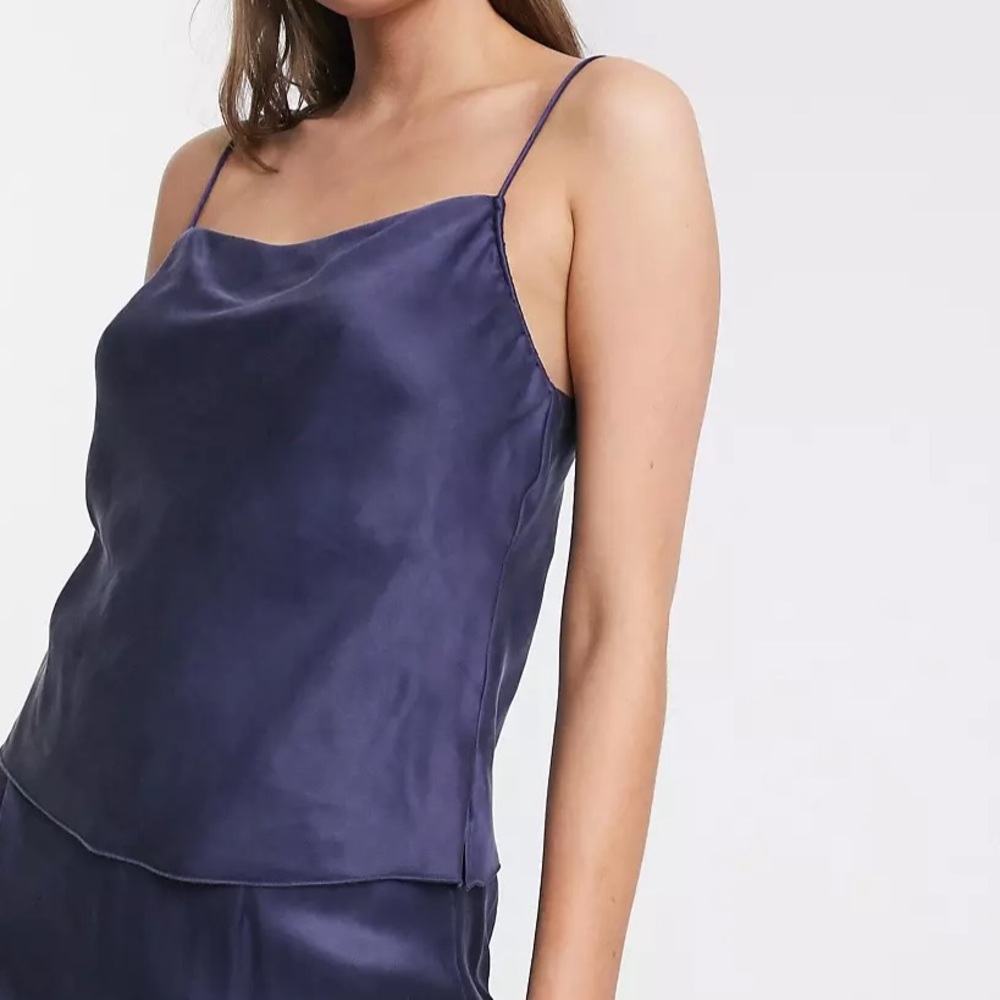 & Other Stories Cowl Neck Cami Top Satin Slip Deep Blue Indigo Size 10 90s